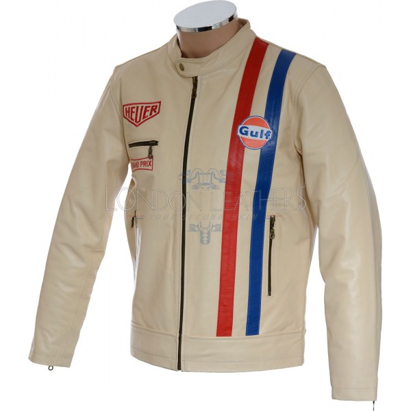 SALE - Steve McQueen GRAND PRIX HEUER Cream Leather Jacket